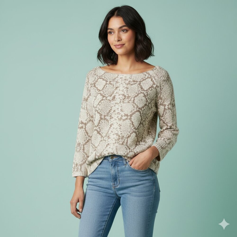 The Limited Women Gold Foil Snakeskin Animal Print Knit Sweater 3/4 Sleeve
